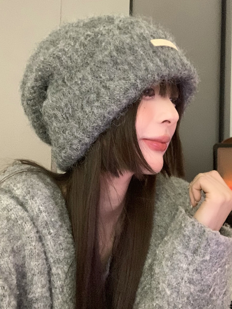 含羊毛秋冬毛线堆堆帽大头围百搭灰色冷帽保暖帽子情侣护耳针织帽